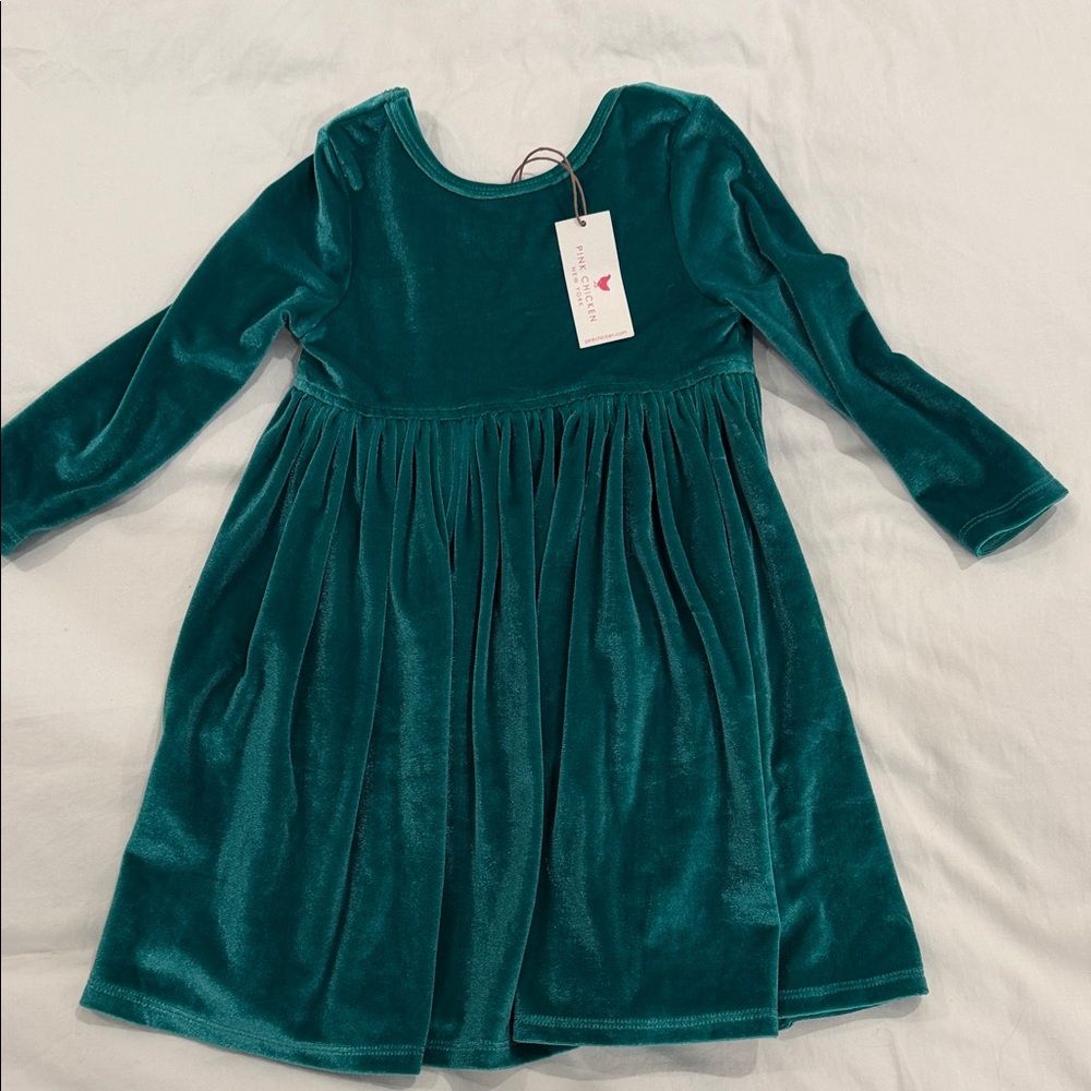Pink Chicken Teal Velvet Long-Sleeve Girls Dress